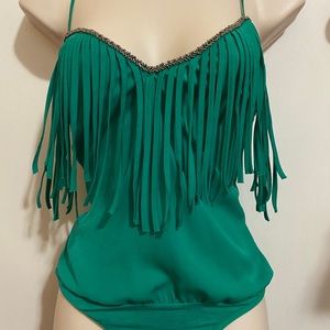 Bebe Green fringe crossback Bodysuit S